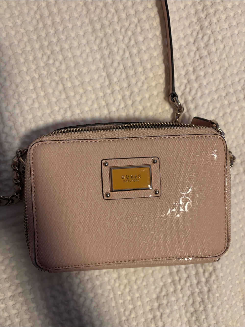 GUESS Blush Patent Crossbody Bag with Gold Plaque